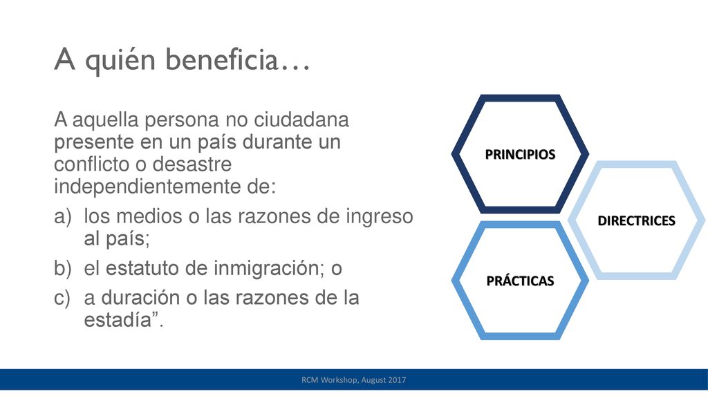 A quién beneficia… PRINCIPIOS. A aquella persona no ciudadana presente en un país durante un conflicto o desastre independientemente de: