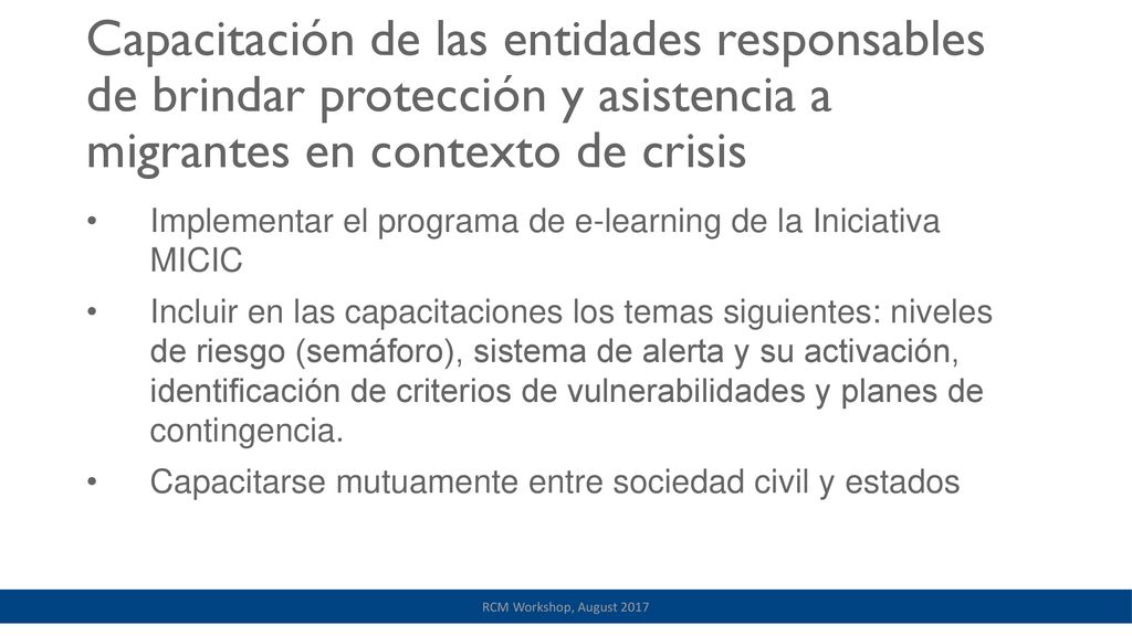 Capacitación de las entidades responsables de brindar protección y asistencia a migrantes en contexto de crisis
