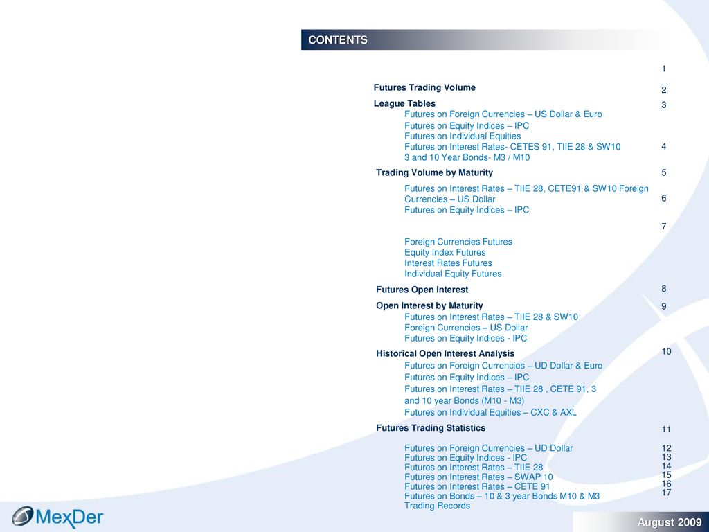 CONTENTS August 2009 Futures Trading Volume 1 2 League Tables 3