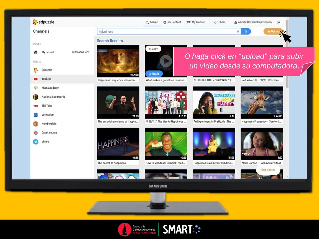 O haga click en upload para subir un video desde su computadora.