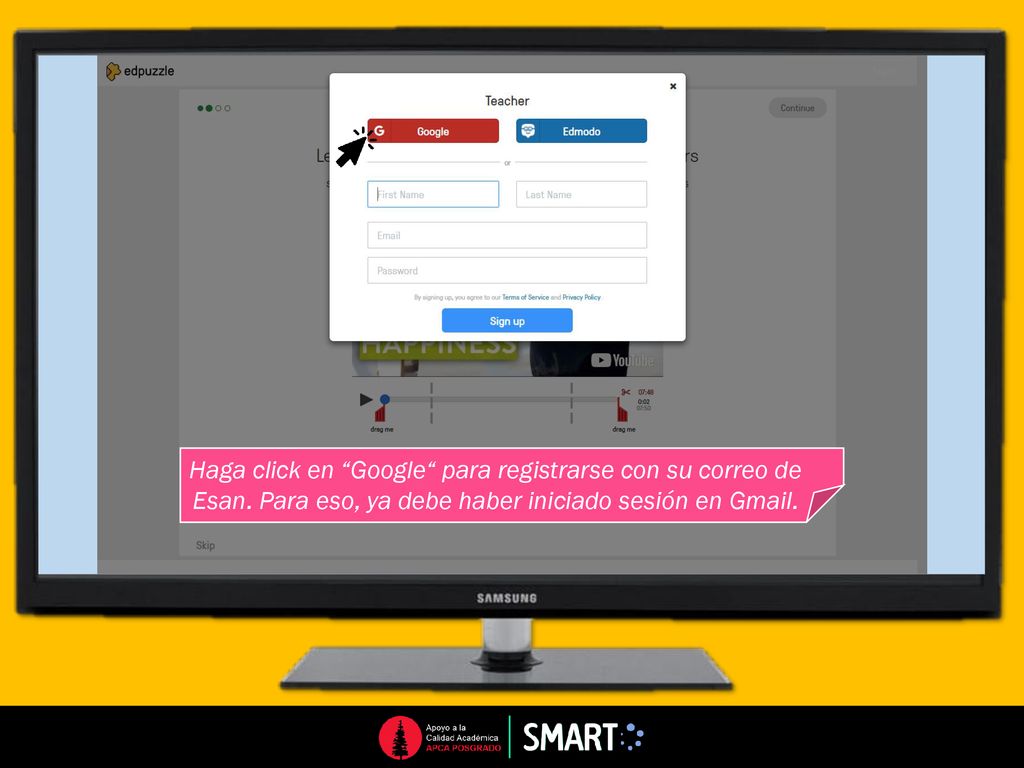 Haga click en Google para registrarse con su correo de Esan