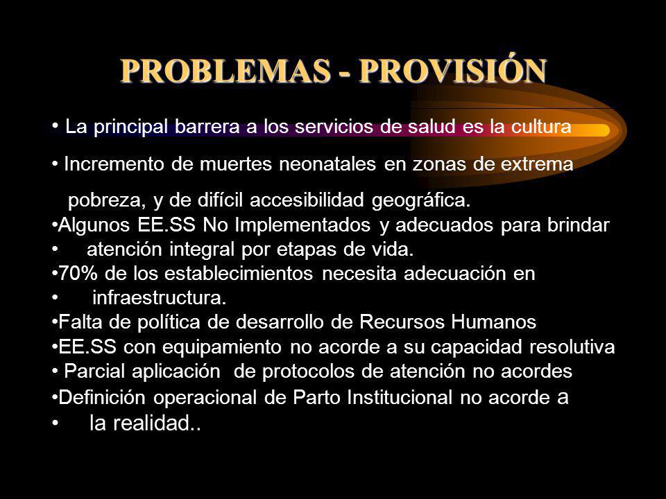 PROBLEMAS - PROVISIÓN La principal barrera a los servicios de salud es la cultura. Incremento de muertes neonatales en zonas de extrema.