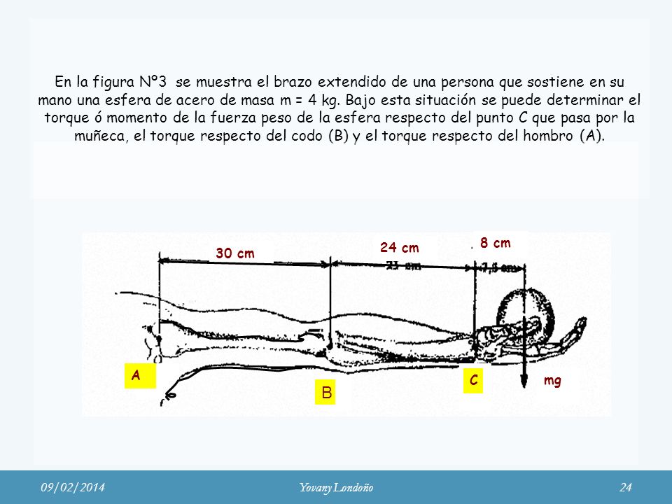 En la figura Nº3 se muestra el brazo extendido de una persona que sostiene en su mano una esfera de acero de masa m = 4 kg. Bajo esta situación se puede determinar el torque ó momento de la fuerza peso de la esfera respecto del punto C que pasa por la muñeca, el torque respecto del codo (B) y el torque respecto del hombro (A).