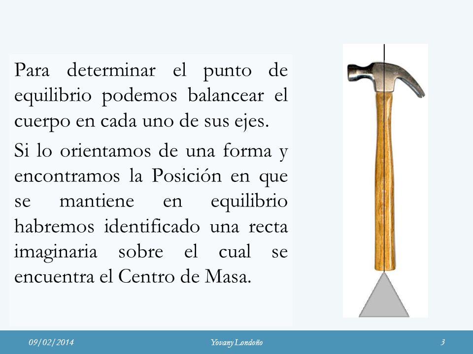 Para determinar el punto de equilibrio podemos balancear el cuerpo en cada uno de sus ejes. Si lo orientamos de una forma y encontramos la Posición en que se mantiene en equilibrio habremos identificado una recta imaginaria sobre el cual se encuentra el Centro de Masa.