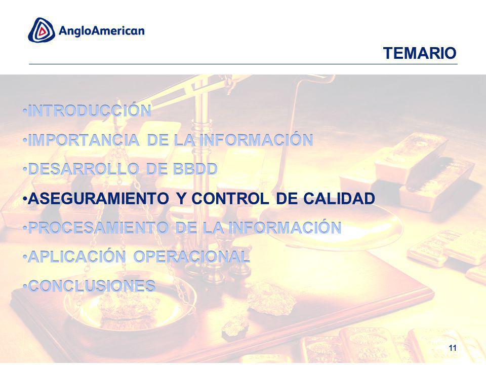 TEMARIO INTRODUCCIÓN. IMPORTANCIA DE LA INFORMACIÓN. DESARROLLO DE BBDD. ASEGURAMIENTO Y CONTROL DE CALIDAD.