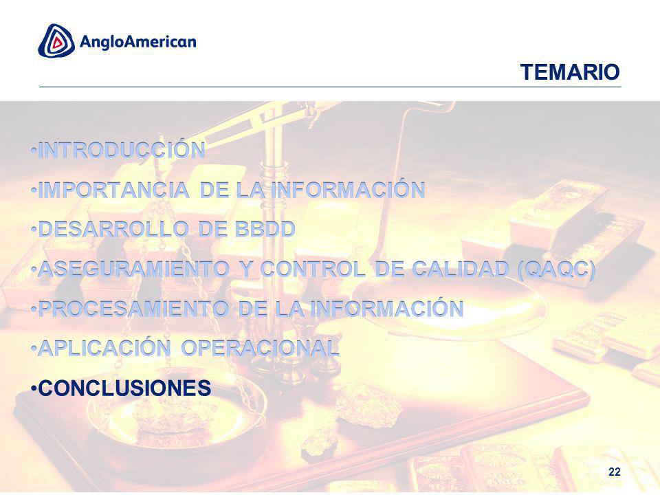 TEMARIO INTRODUCCIÓN. IMPORTANCIA DE LA INFORMACIÓN. DESARROLLO DE BBDD. ASEGURAMIENTO Y CONTROL DE CALIDAD (QAQC)