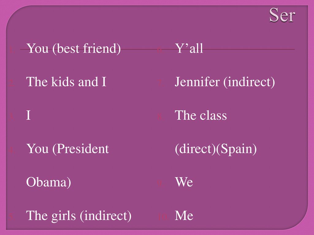 Ser You (best friend) Y’all The kids and I Jennifer (indirect) I