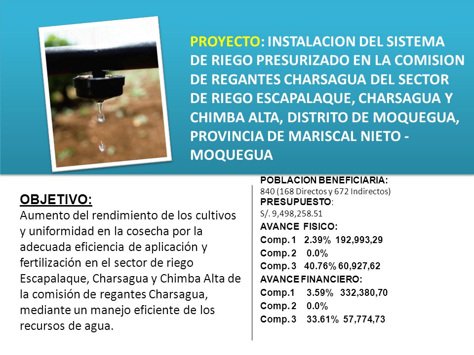 PROYECTO: INSTALACION DEL SISTEMA DE RIEGO PRESURIZADO EN LA COMISION DE REGANTES CHARSAGUA DEL SECTOR DE RIEGO ESCAPALAQUE, CHARSAGUA Y CHIMBA ALTA, DISTRITO DE MOQUEGUA, PROVINCIA DE MARISCAL NIETO - MOQUEGUA