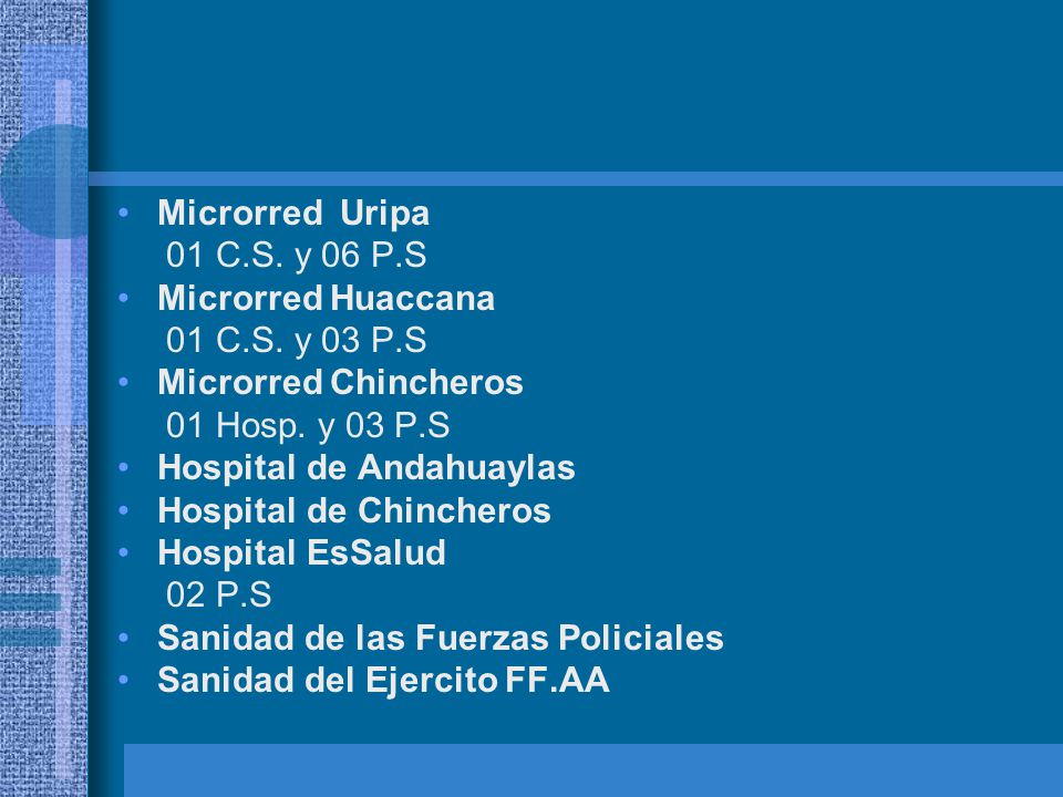 Microrred Uripa 01 C.S. y 06 P.S. Microrred Huaccana. 01 C.S. y 03 P.S. Microrred Chincheros. 01 Hosp. y 03 P.S.