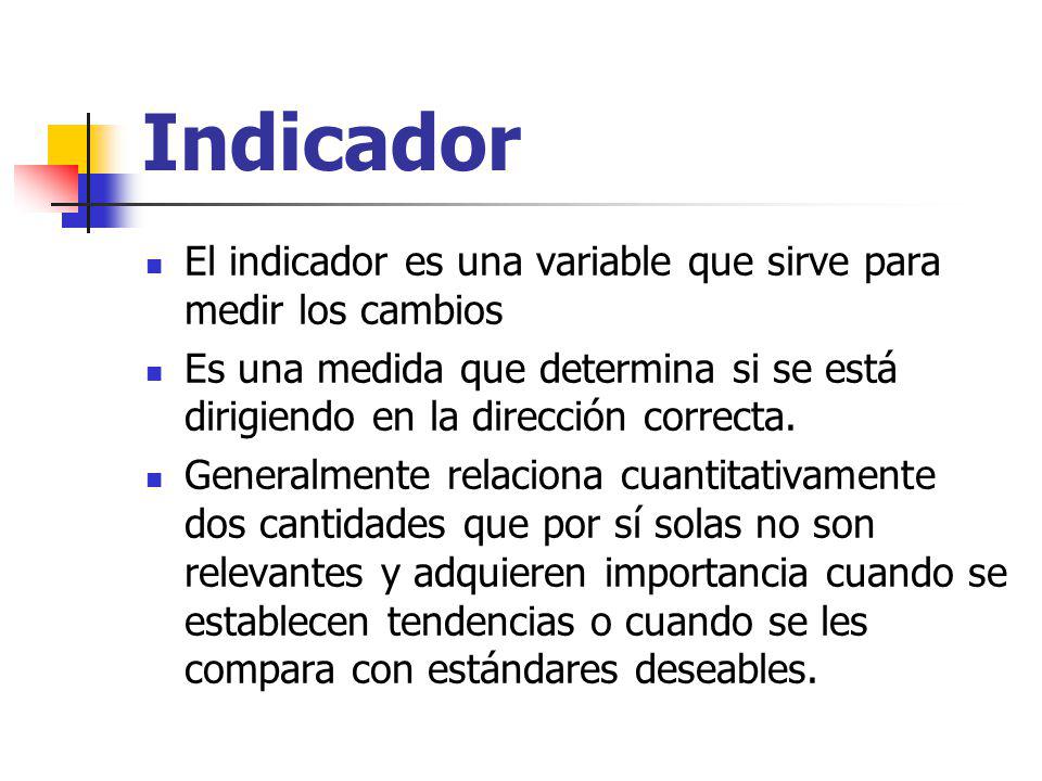 Indicador El indicador es una variable que sirve para medir los cambios. Es una medida que determina si se está dirigiendo en la dirección correcta.