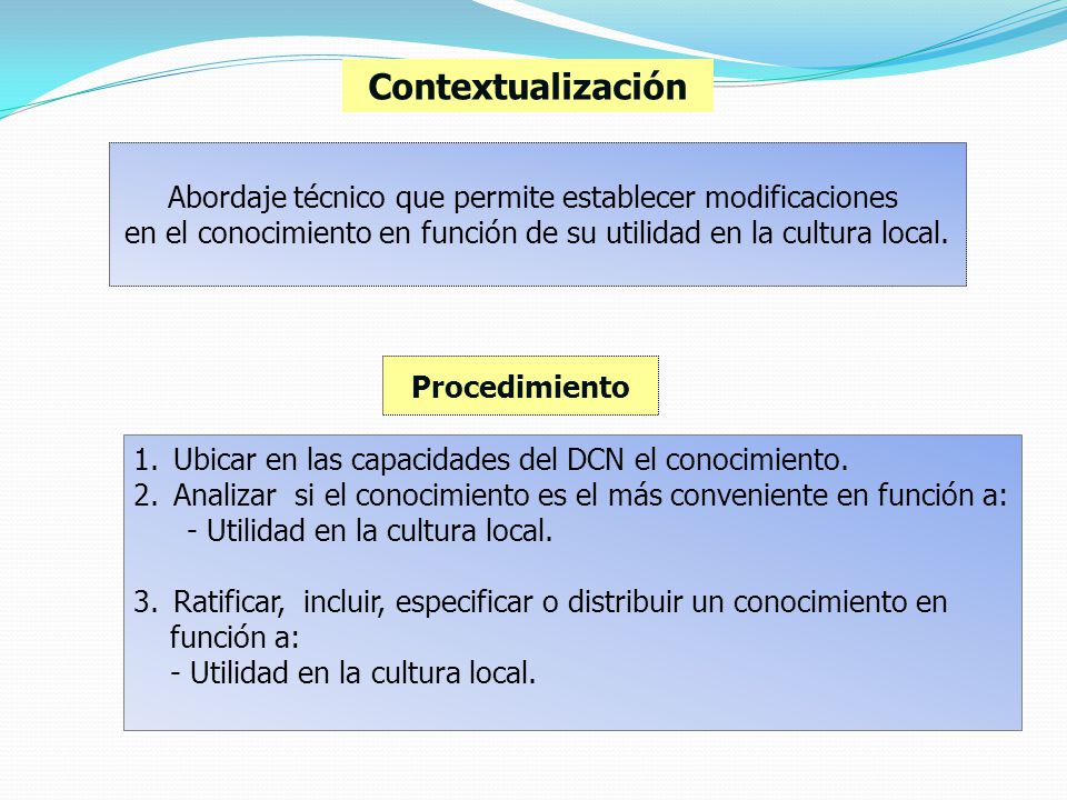 Contextualización Abordaje técnico que permite establecer modificaciones. en el conocimiento en función de su utilidad en la cultura local.