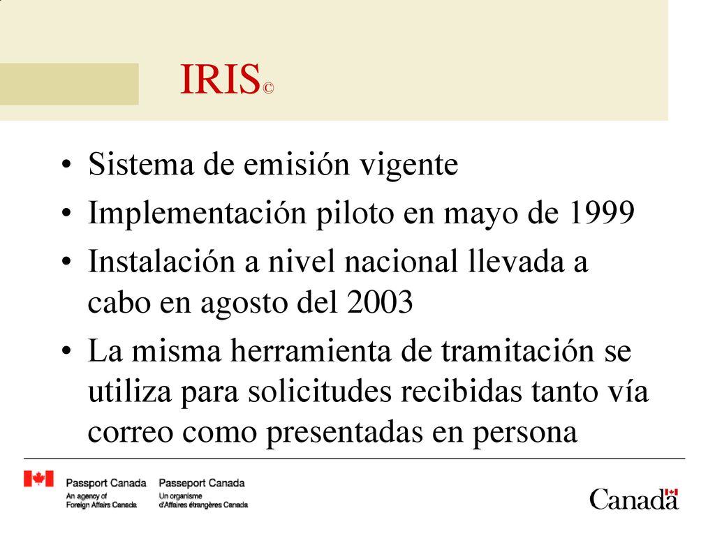 IRIS© Sistema de emisión vigente Implementación piloto en mayo de 1999