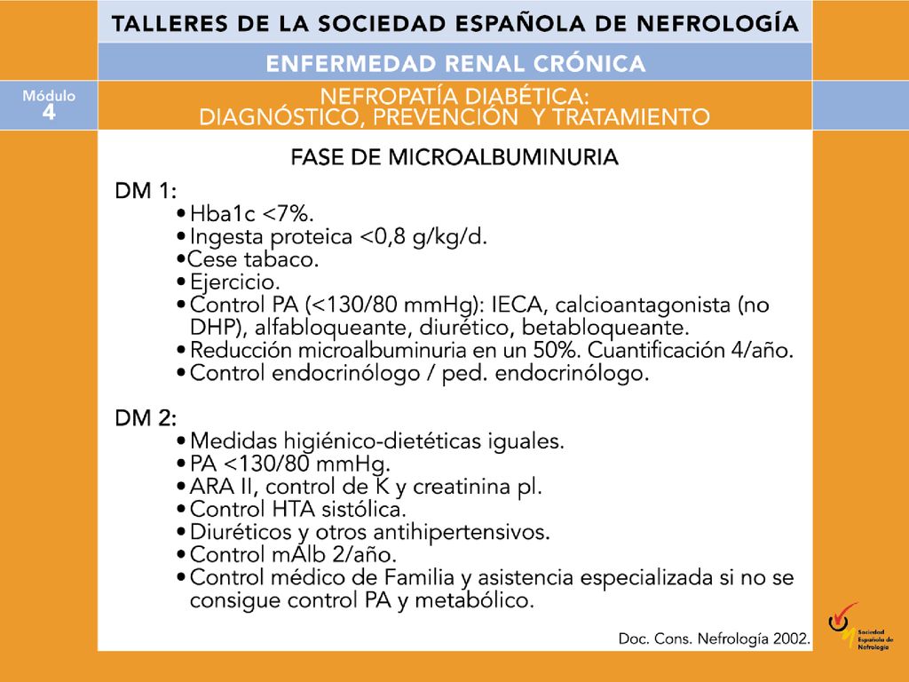 Medidas de prevención y tratamiento de la ND en fase de microalbuminuria, en DM 1 y DM 2.
