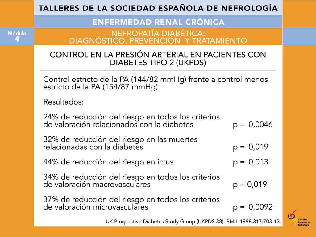 Pacientes hipertensos con diabetes tipo 2 (presión arterial media de 160/94 mmHg) fueron controlados para comprobar el desenlace cardiovascular en el estudio UKPDS durante una mediana de seguimiento de 8,4 años.