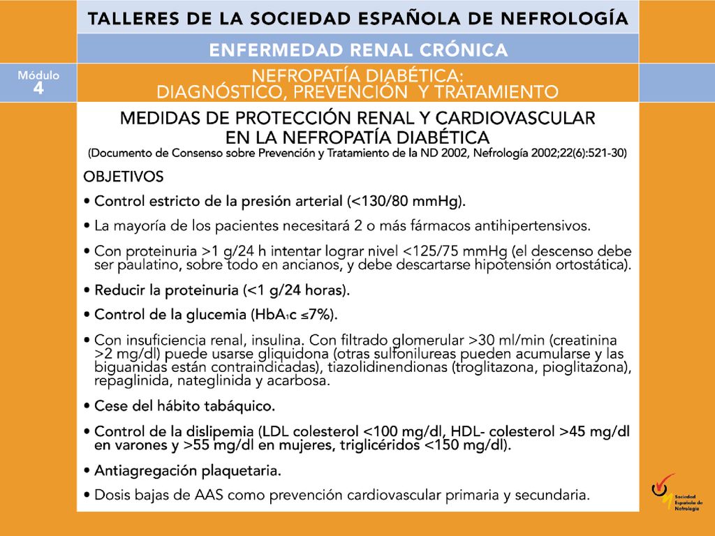 El control integrado de factores de riesgo de progresión de la ND y vascular debe marcar unos objetivos bien diferenciados: régimen de vida, eliminación del tabaco, control de PA, glucemia, lípidos, hiperviscosidad sanguínea.