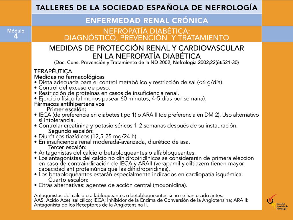 Las medidas de protección renal y cardiovascular incluyen aspectos no farmacológicos y terapéuticos. Éstos se gradúan en cuatro escalones. Se pretenden unas medidas preventivas o de renoprotección (IECA, ARA II) y también terapéuticas.