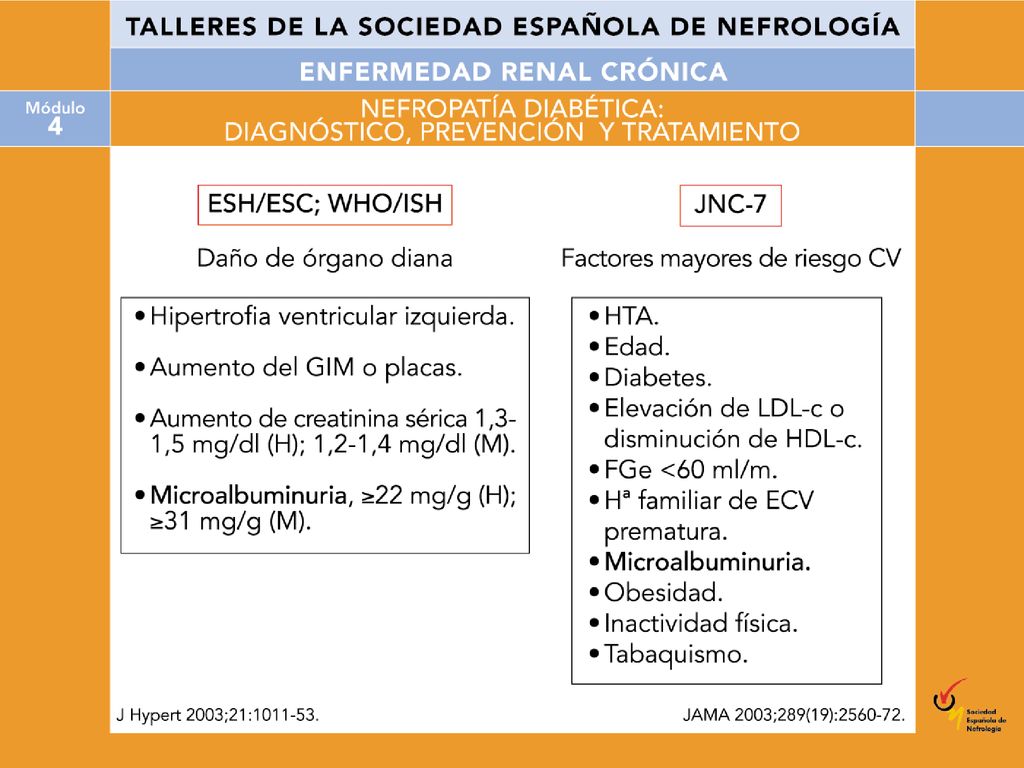 La microalbuminuria está considerada, tanto por la Sociedad Europea de HTA y la Sociedad Europea de Cardiología (SEH/SEC), como por el Joint National Commettee (JNC VII), como un importante factor de riesgo vascular, indicativo de lesión de órgano diana y factor de riesgo vascular reconocido.