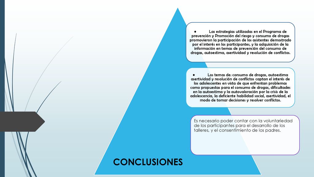 • Los temas de: consumo de drogas, autoestima asertividad y resolución de conflictos captan el interés de los adolescentes en vista de que enfrentan problemas como propuestas para el consumo de drogas, dificultades en la autoestima y la autovaloración por la crisis de la adolescencia, la deficiente habilidad social, asertividad, el modo de tomar decisiones y resolver conflictos.