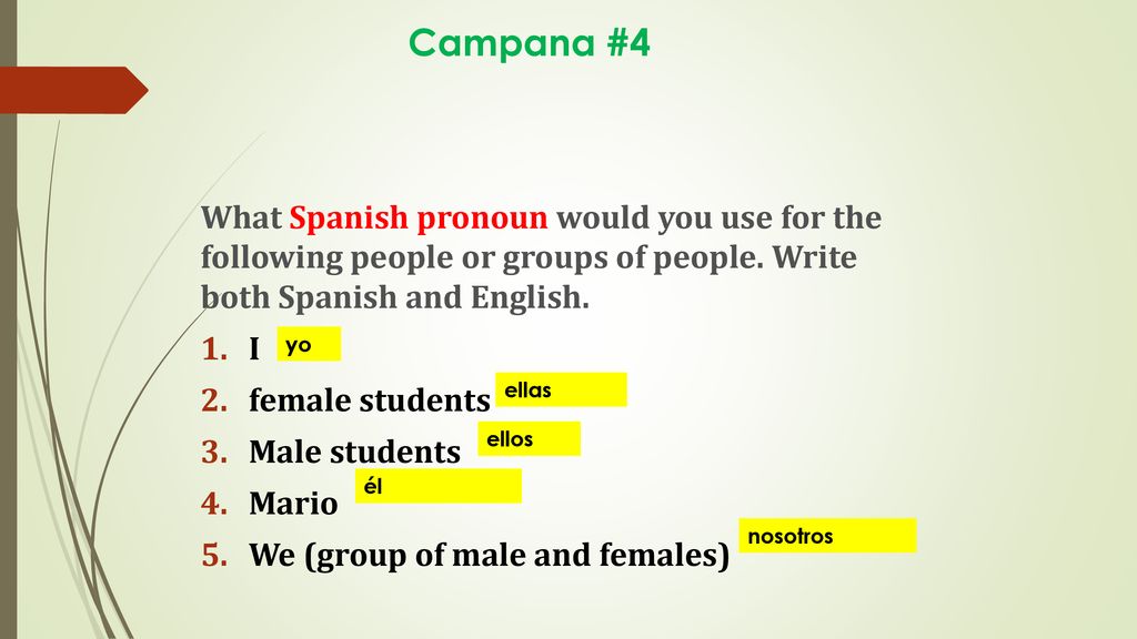 Campana #4 What Spanish pronoun would you use for the following people or groups of people. Write both Spanish and English.