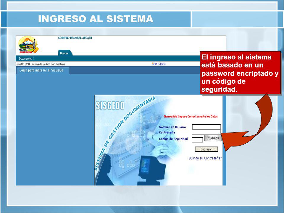 INGRESO AL SISTEMA El ingreso al sistema está basado en un password encriptado y un código de seguridad.