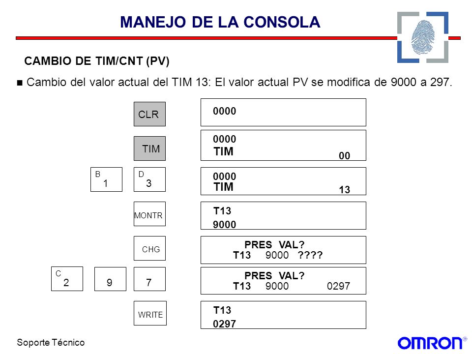 MANEJO DE LA CONSOLA CAMBIO DE TIM/CNT (PV) Cambio del valor actual del TIM 13: El valor actual PV se modifica de 9000 a 297.