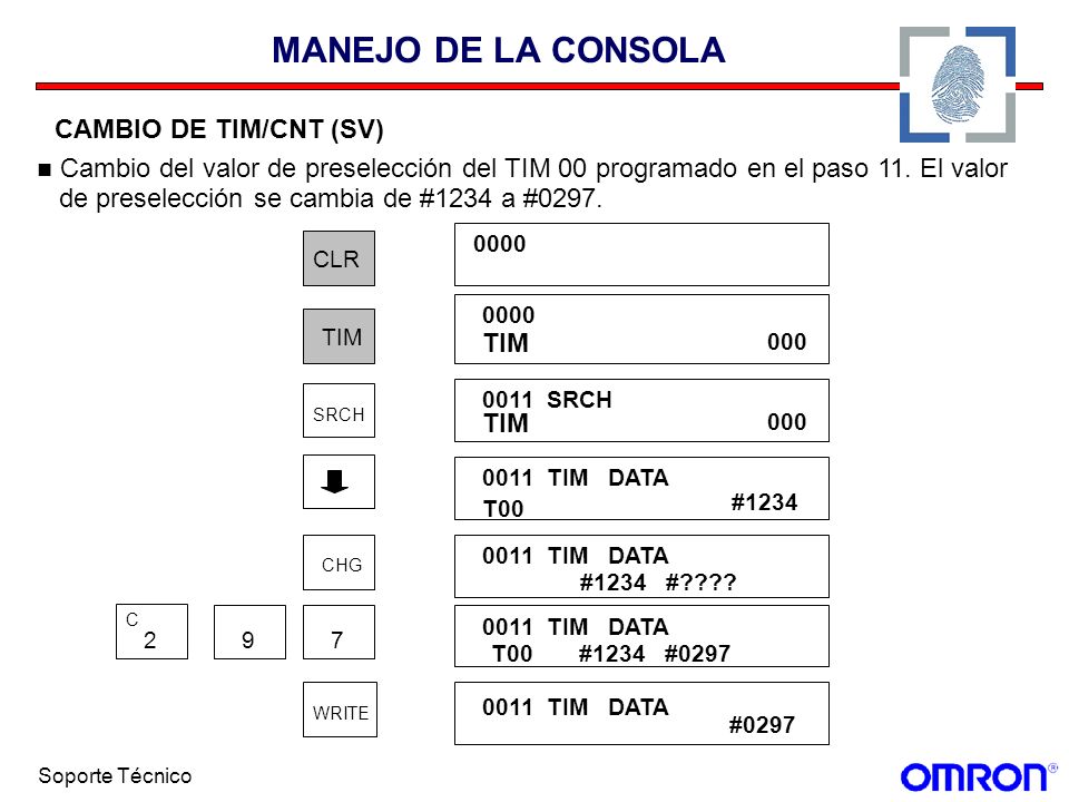 MANEJO DE LA CONSOLA CAMBIO DE TIM/CNT (SV) Cambio del valor de preselección del TIM 00 programado en el paso 11. El valor.