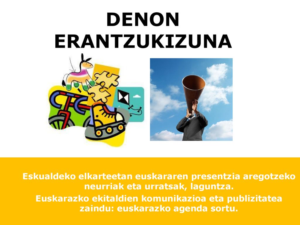 DENON ERANTZUKIZUNA Eskualdeko elkarteetan euskararen presentzia aregotzeko neurriak eta urratsak, laguntza.