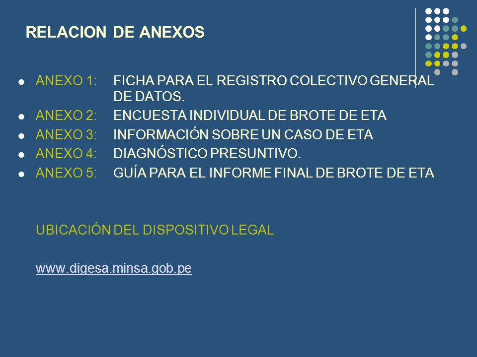 RELACION DE ANEXOS ANEXO 1: FICHA PARA EL REGISTRO COLECTIVO GENERAL DE DATOS. ANEXO 2: ENCUESTA INDIVIDUAL DE BROTE DE ETA.