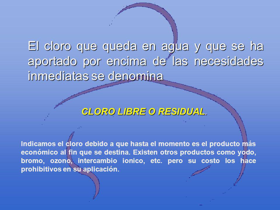El cloro que queda en agua y que se ha aportado por encima de las necesidades inmediatas se denomina