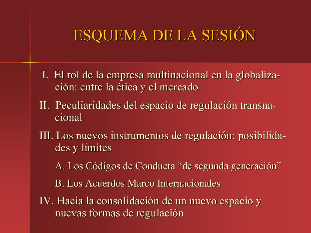 ESQUEMA DE LA SESIÓN I. El rol de la empresa multinacional en la globaliza-ción: entre la ética y el mercado.