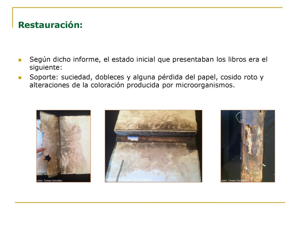 Restauración: Según dicho informe, el estado inicial que presentaban los libros era el siguiente: