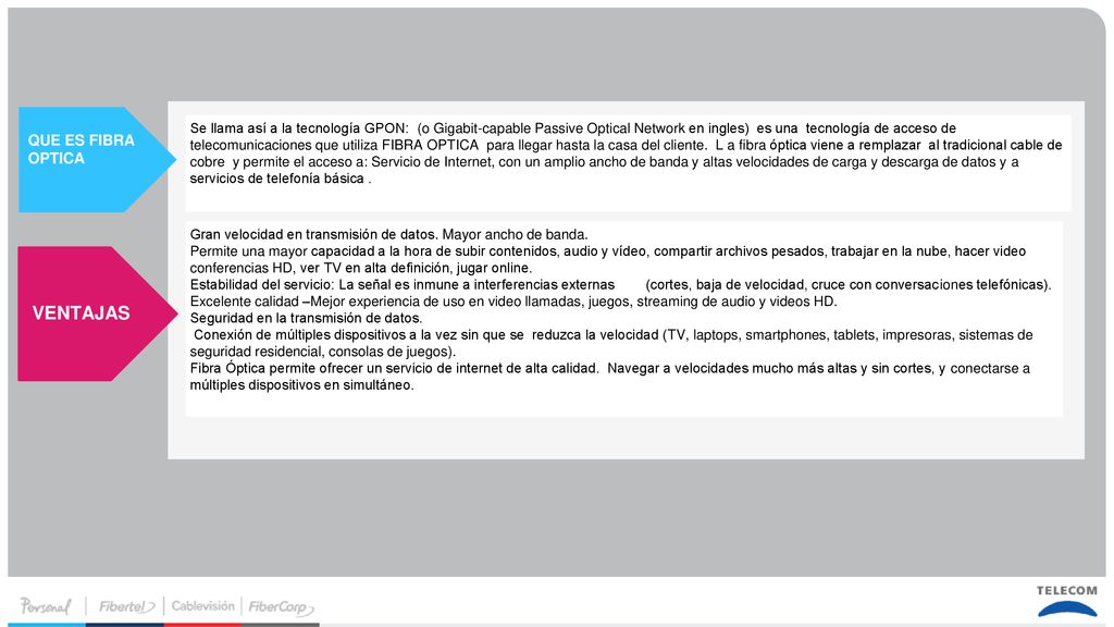 Se llama así a la tecnología GPON: (o Gigabit-capable Passive Optical Network en ingles) es una tecnología de acceso de telecomunicaciones que utiliza FIBRA OPTICA para llegar hasta la casa del cliente. L a fibra óptica viene a remplazar al tradicional cable de cobre y permite el acceso a: Servicio de Internet, con un amplio ancho de banda y altas velocidades de carga y descarga de datos y a servicios de telefonía básica .