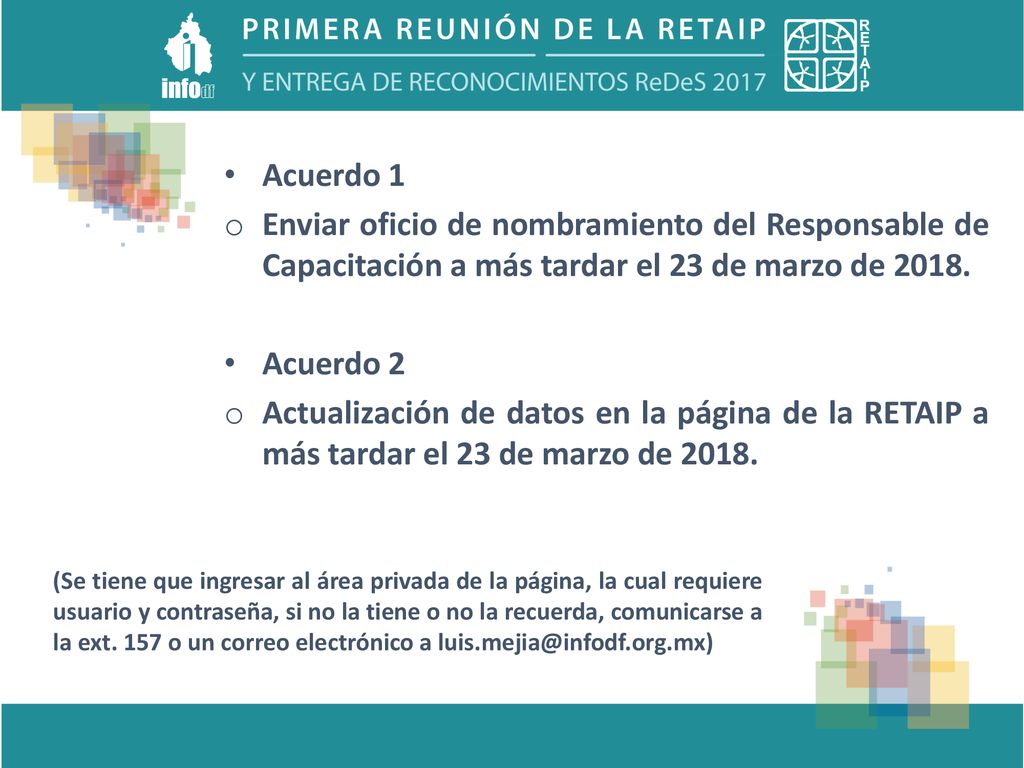 Acuerdo 1 Enviar oficio de nombramiento del Responsable de Capacitación a más tardar el 23 de marzo de