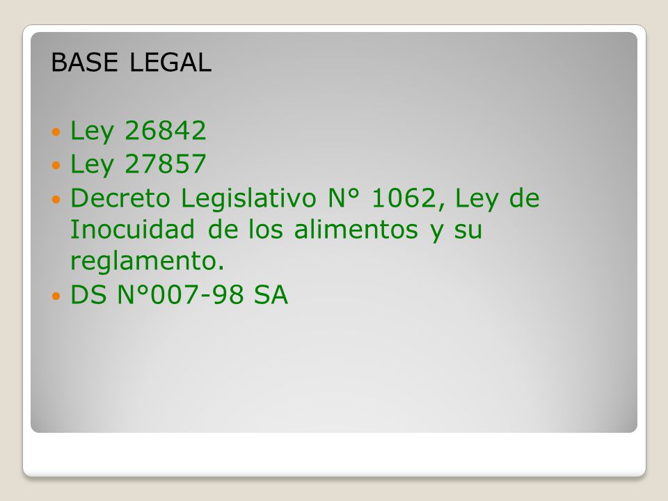 BASE LEGAL Ley Ley Decreto Legislativo N° 1062, Ley de Inocuidad de los alimentos y su reglamento.