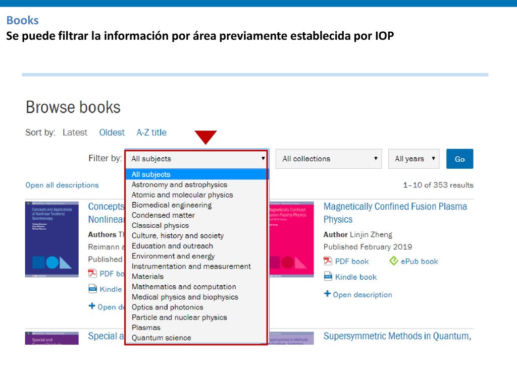 Books Se puede filtrar la información por área previamente establecida por IOP