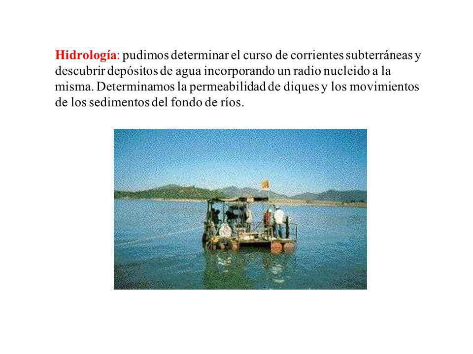 Hidrología: pudimos determinar el curso de corrientes subterráneas y descubrir depósitos de agua incorporando un radio nucleido a la misma.
