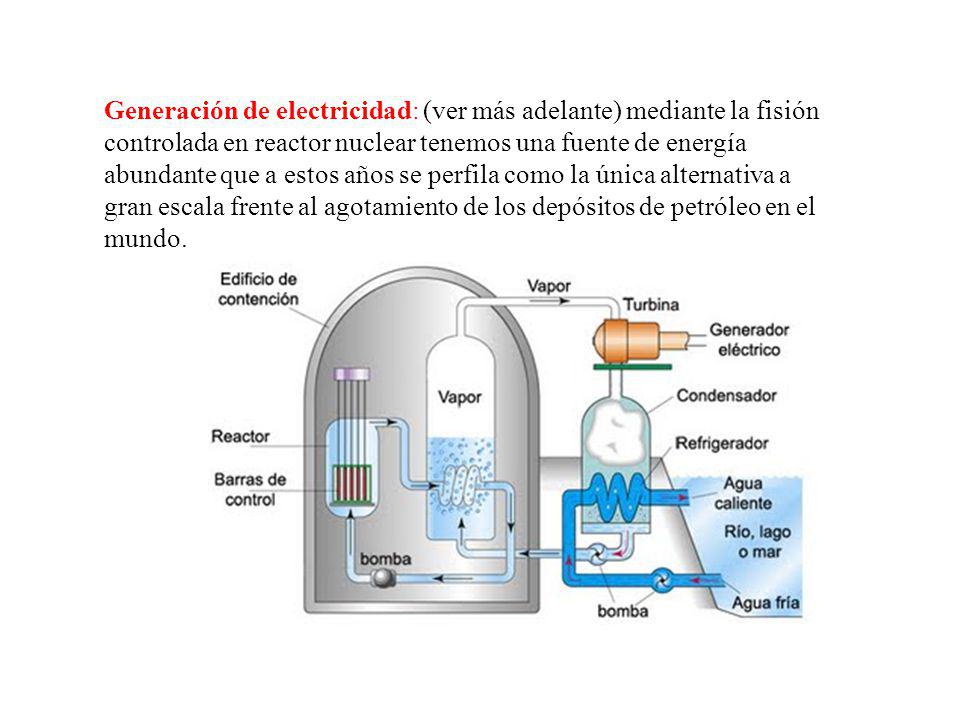 Generación de electricidad: (ver más adelante) mediante la fisión controlada en reactor nuclear tenemos una fuente de energía abundante que a estos años se perfila como la única alternativa a gran escala frente al agotamiento de los depósitos de petróleo en el mundo.