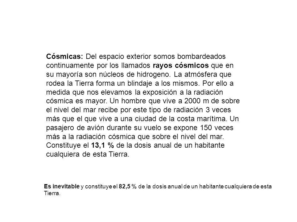 Cósmicas: Del espacio exterior somos bombardeados continuamente por los llamados rayos cósmicos que en su mayoría son núcleos de hidrogeno. La atmósfera que rodea la Tierra forma un blindaje a los mismos. Por ello a medida que nos elevamos la exposición a la radiación cósmica es mayor. Un hombre que vive a 2000 m de sobre el nivel del mar recibe por este tipo de radiación 3 veces más que el que vive a una ciudad de la costa marítima. Un pasajero de avión durante su vuelo se expone 150 veces más a la radiación cósmica que sobre el nivel del mar.
