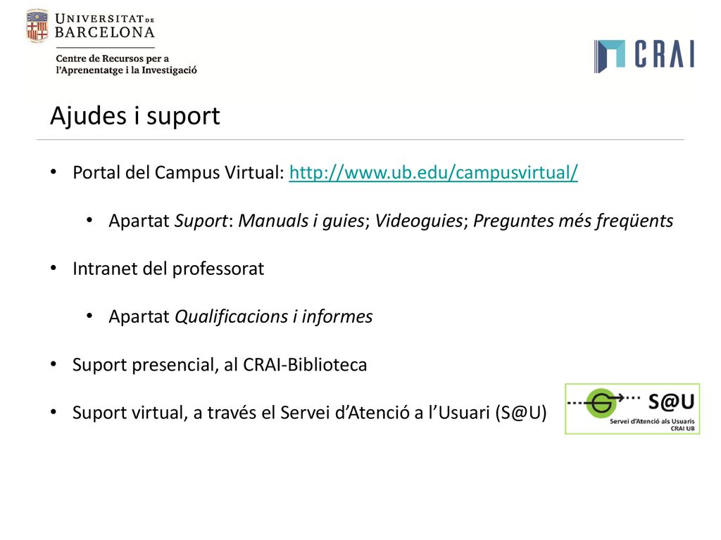 Ajudes i suport Portal del Campus Virtual:   Apartat Suport: Manuals i guies; Videoguies; Preguntes més freqüents.