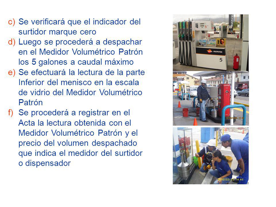 Se verificará que el indicador del surtidor marque cero