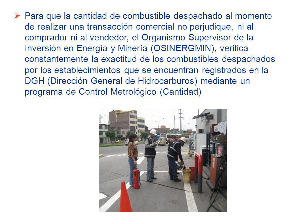 Para que la cantidad de combustible despachado al momento de realizar una transacción comercial no perjudique, ni al comprador ni al vendedor, el Organismo Supervisor de la Inversión en Energía y Minería (OSINERGMIN), verifica constantemente la exactitud de los combustibles despachados por los establecimientos que se encuentran registrados en la DGH (Dirección General de Hidrocarburos) mediante un programa de Control Metrológico (Cantidad)