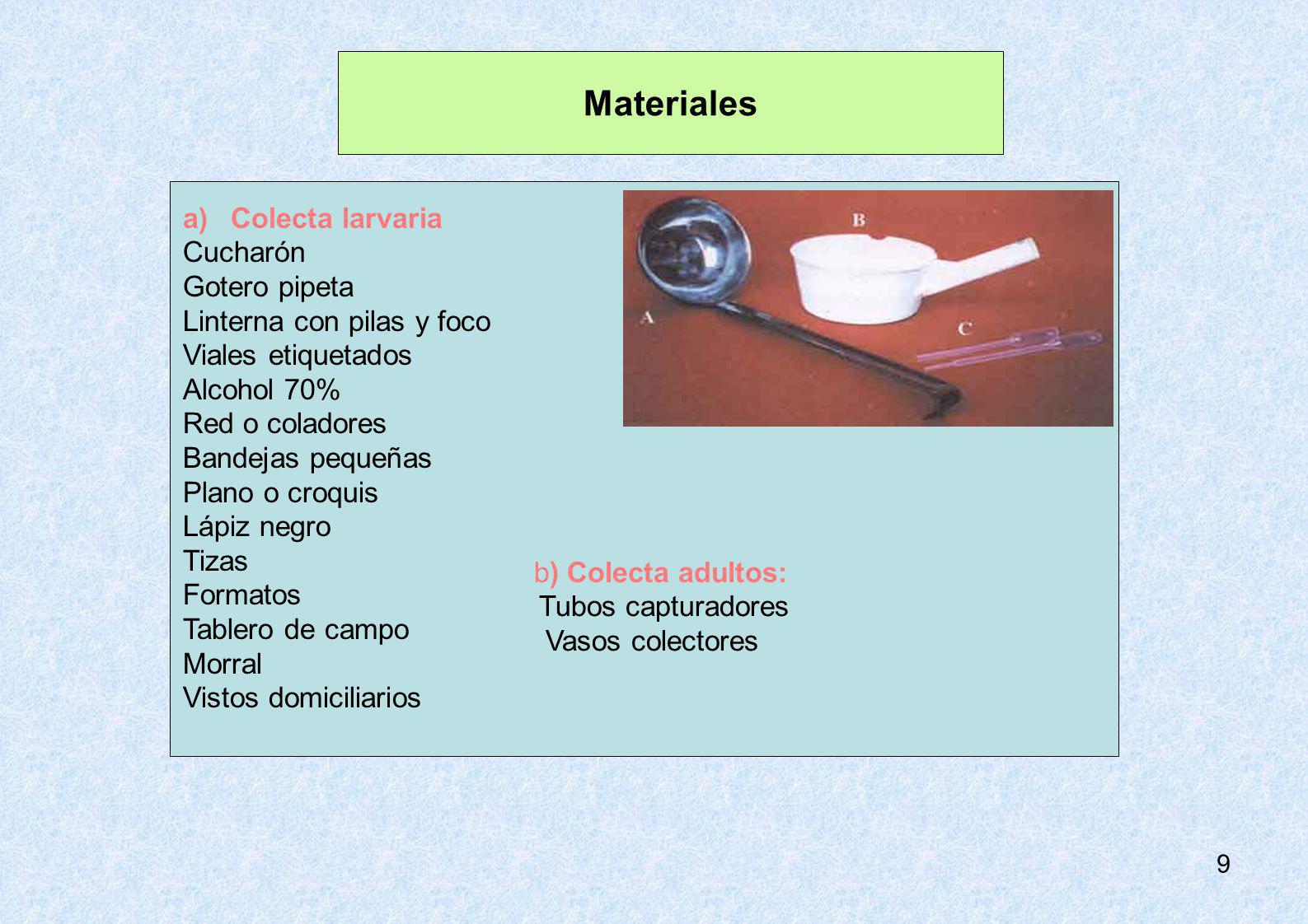 Materiales b) Colecta adultos: Tubos capturadores Vasos colectores