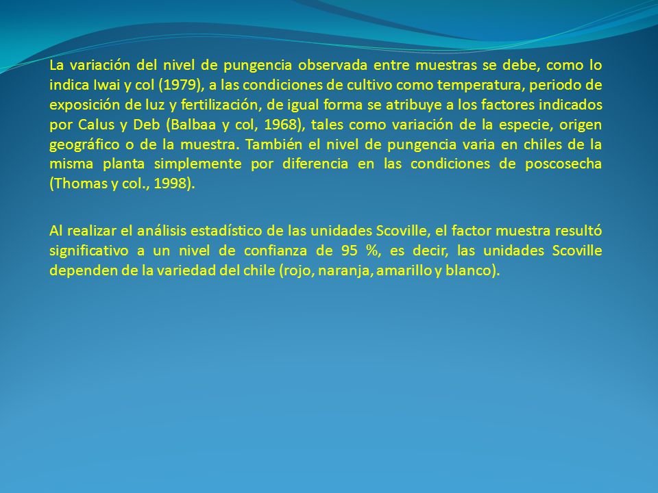 La variación del nivel de pungencia observada entre muestras se debe, como lo indica Iwai y col (1979), a las condiciones de cultivo como temperatura, periodo de exposición de luz y fertilización, de igual forma se atribuye a los factores indicados por Calus y Deb (Balbaa y col, 1968), tales como variación de la especie, origen geográfico o de la muestra. También el nivel de pungencia varia en chiles de la misma planta simplemente por diferencia en las condiciones de poscosecha (Thomas y col., 1998).