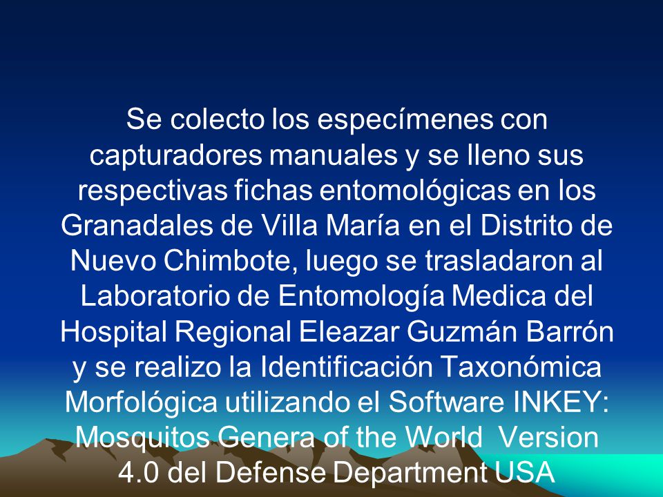 Se colecto los especímenes con capturadores manuales y se lleno sus respectivas fichas entomológicas en los Granadales de Villa María en el Distrito de Nuevo Chimbote, luego se trasladaron al Laboratorio de Entomología Medica del Hospital Regional Eleazar Guzmán Barrón y se realizo la Identificación Taxonómica Morfológica utilizando el Software INKEY: Mosquitos Genera of the World Version 4.0 del Defense Department USA