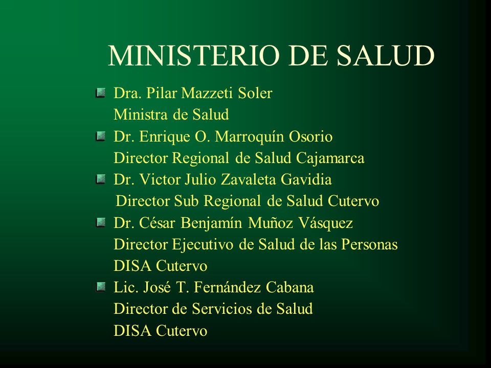 MINISTERIO DE SALUD Dra. Pilar Mazzeti Soler Ministra de Salud