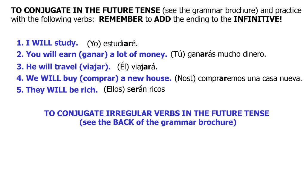 2. You will earn (ganar) a lot of money. (Tú) ganarás mucho dinero.