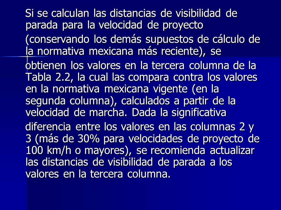 Si se calculan las distancias de visibilidad de parada para la velocidad de proyecto