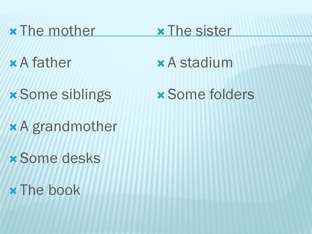The mother The sister. A father. A stadium. Some siblings. Some folders. A grandmother. Some desks.