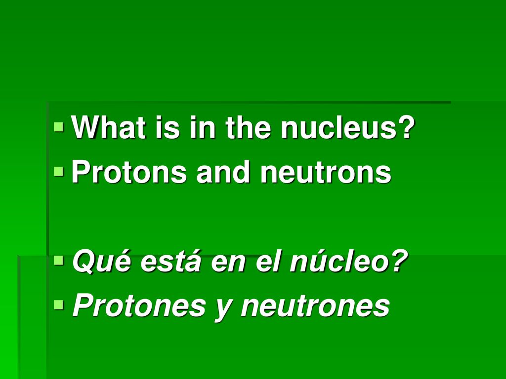 What is in the nucleus Protons and neutrons Qué está en el núcleo Protones y neutrones