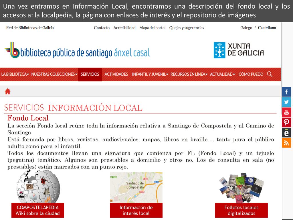 Una vez entramos en Información Local, encontramos una descripción del fondo local y los accesos a: la localpedia, la página con enlaces de interés y el repositorio de imágenes